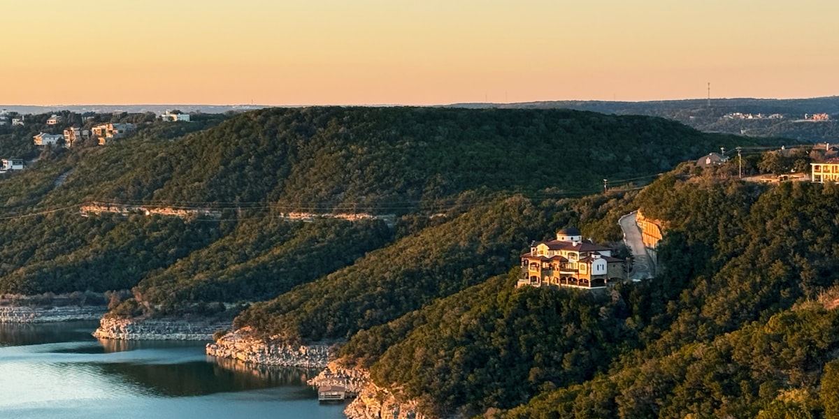 Texas Hill Country landscape overlooking Lake Travis at sunset