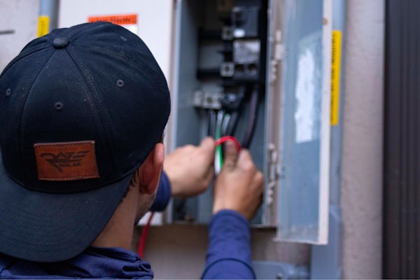 Electrician diagnosing electrical panel wiring in a residential home